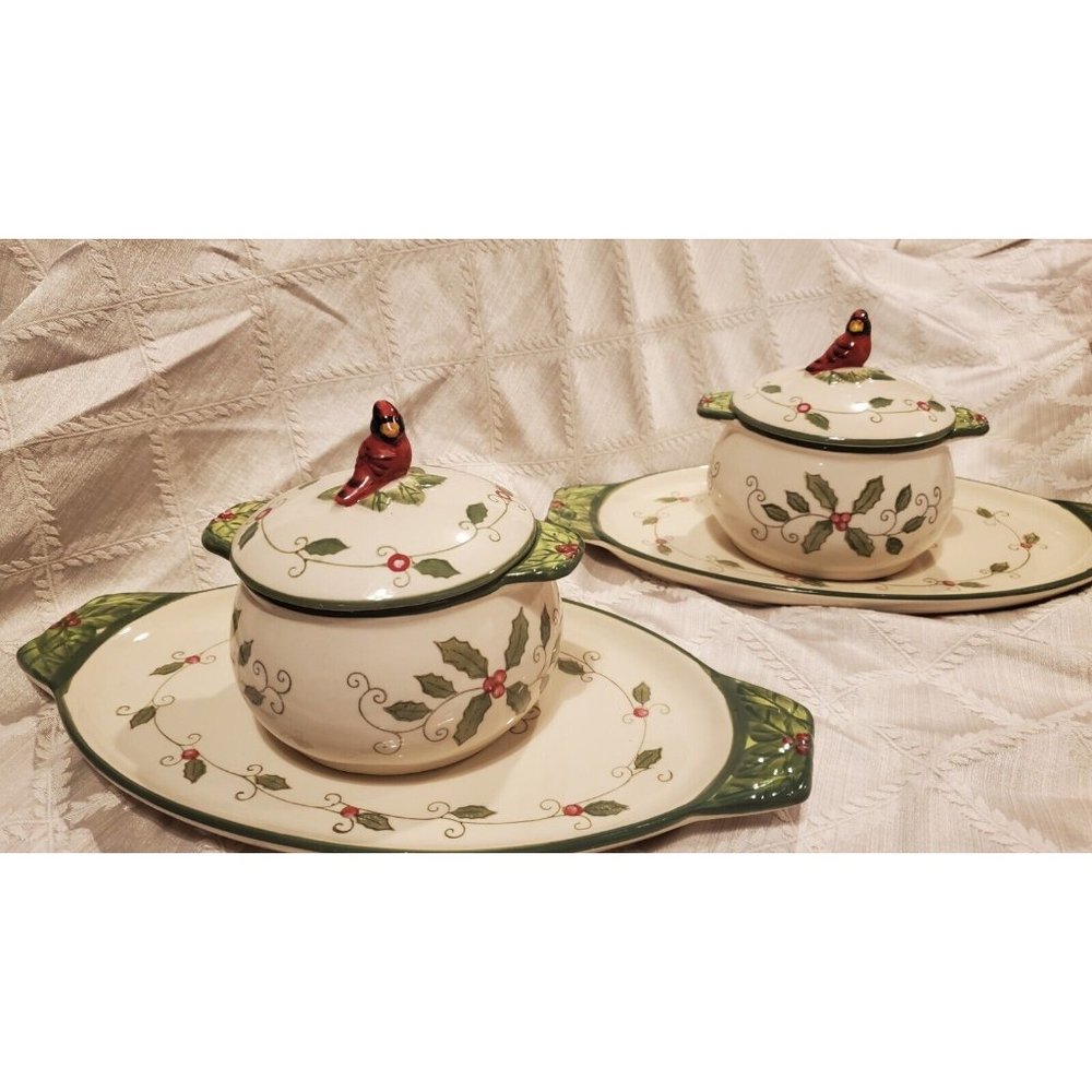 Temptations by Tara Cardinal Holly Sandwich Plate and Soup Bowl w/ Lid Set of 2